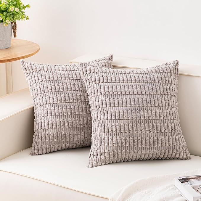 Aegero Pack of 2 Corduroy Decorative Throw Pillow Covers 18x18 Inch Soft Striped Pillow Covers Modern Farmhouse Home Decor for Sofa Living Room Couch Bed（Silver Gray） by Unknown