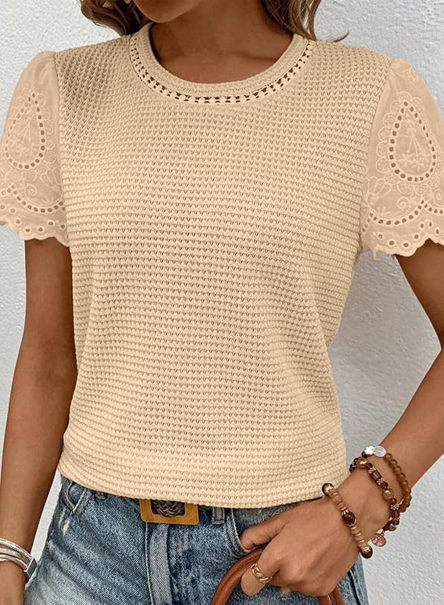 SHEWIN Womens Frenchy Summer Tops Crewneck Short Sleeve T Shirts Casual Waffle Knit Jacquard Blouses Top Shirts - Image 4