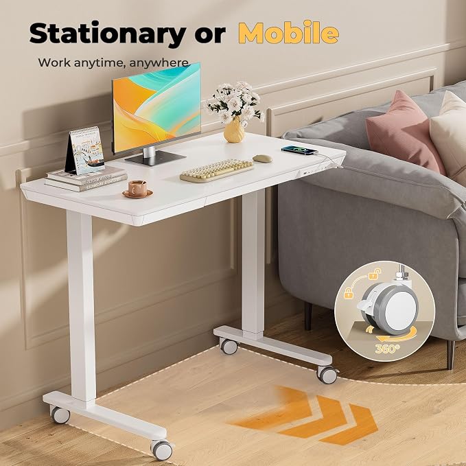 40" Electric Stand up Desk with Drawer, Height Adjustable | Sit Stand Home Office Desk with Storage, One-Piece Tabletop with USB Charging Ports, Quick Assembly Computer Desk on Wheels - Image 8