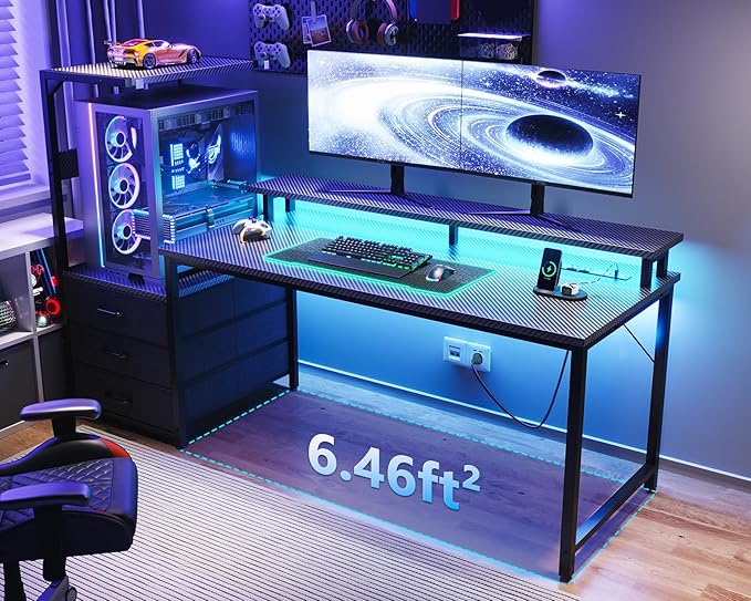 AODK 63 inch Gaming Desk with PC Display Stand, Reversible Steel Wood Computer Desk for Gaming Setup, Tiered Design to Show Off Your PC Tower & Accessories, Black - Image 2
