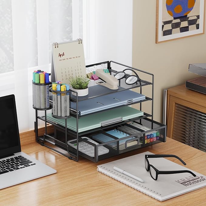 Marbrasse Desk Organizer, 4-Tier Paper File Letter Tray, Black | Sturdy Paper Tray, File Holder, Built-in Drawer, 2 Pen Slots, fits Letters/Files, for School Home Office Supplies - Image 2