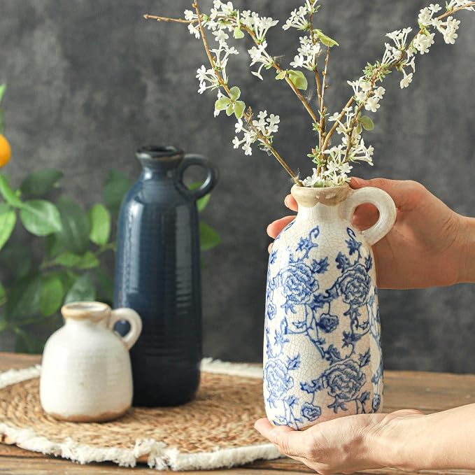 Ceramic Vase Set of 3 with Handle, Vintage Rustic Vases Home Decor Farmhouse Decorative Vase Pottery Decor Modern for Table Mantel Entryway Bookshelf Living Room Kitchen Bedroom - Blue - Image 3