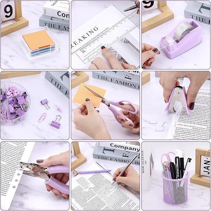 17 in 1 Purple Desk Organizers and Accessories Set, 3 Office Desk Supplies Storage Organization, 4 Pens, Stapler, Staples & Remover, Tape & Dispenser, Scissors, Ruler, Clips, Hole Punch Back to School - Image 5