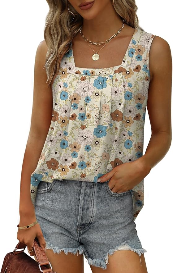 Saloogoe Summer Tank Tops for Women Loose Fit Pleated Square Neck Sleeveless Tops Curved Hem Flowy - Image 2