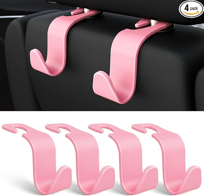 Amooca 4-Pack Car Headrest Hooks –Holds 55lbs Vehicle Storage Organizer Hanger for Purses Handbags Groceries Backpack Coats 360° Rotating Pink by Amooca