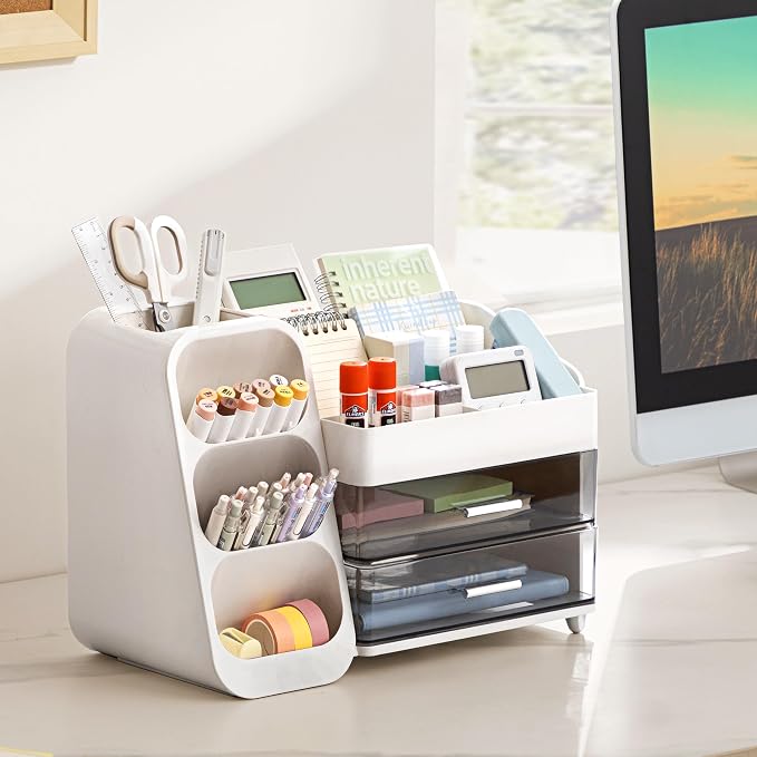 HBlife Desk Organizer with Pen Pencil Holder for Desk, Pen Organizer with 2 Drawers, Desk Organizers and Accessories with 4 Compartments, Desktop Storage for Office Home School Art Supplies, White - Image 8