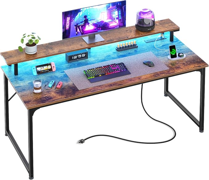 PRAISUN 48 inch Gaming Desk, LED & Outlets, Monitor Stand, Rustic Brown | Sturdy PC Desk for Home Office, Study & Work, LED Lights, 4 AC Outlets & USB-C Charging Station by PRAISUN
