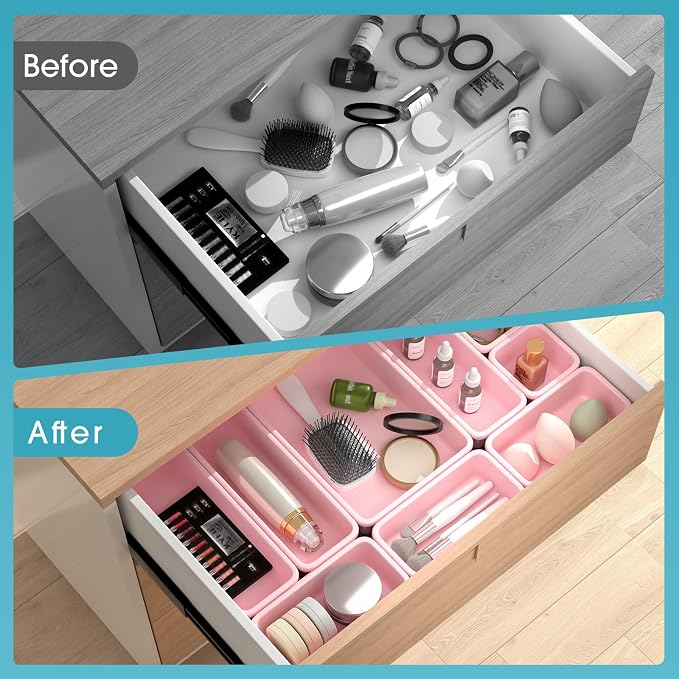 10 PCS Drawer Organizer Set, 4 Size Makeup Drawer Divider Organizer With Non-Slip Pads, Interlocking Plastic Storage Bins for Office,Jewelry Vanity,Gadgets, Bathroom,Kitchen, Pink - Image 6