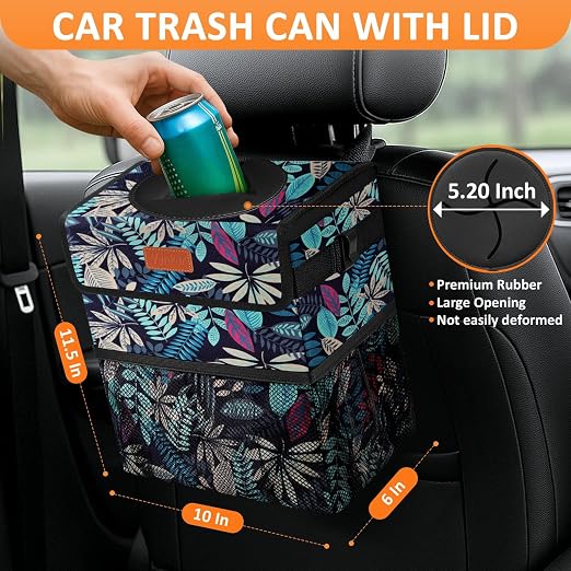 Vankor 3 Gallons Car Trash Can with Lid, Bag Bin Hanging Waterproof Automotive Car Garbage Cans Leak Proof Vehicle Trash Can for Truck SUV,Colorful Leaves - Image 2
