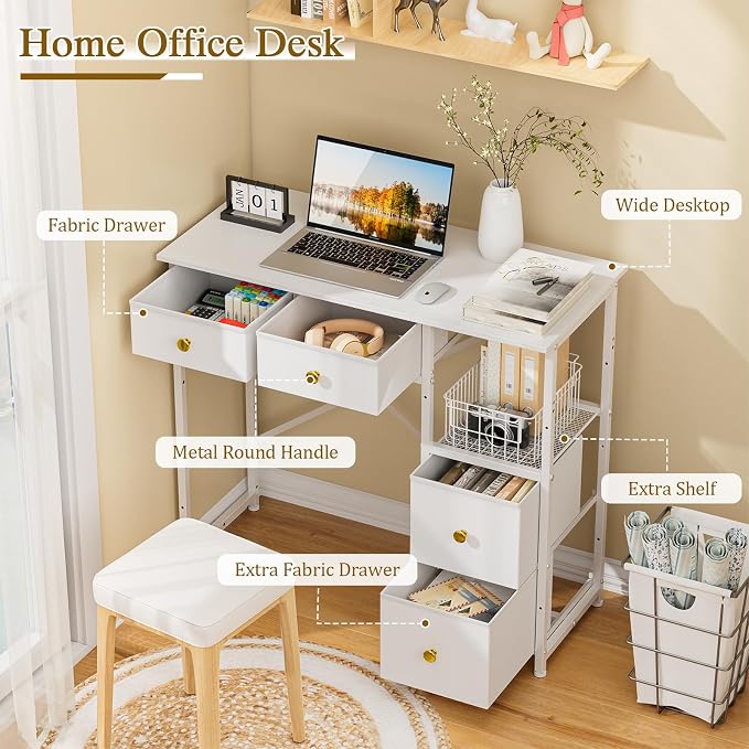 3IngSeagulls Small Computer Desk with 4 Fabric Drawers, Simple Writing Desk for Home Office, Compact Study Desks for Small Spaces, Kids Desk Study for Bedroom, White - Image 3