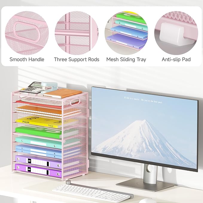 Cawukege 9 Tier Paper Organizer with Handle, Pink Large Capacity Desk Organizer Mesh File Folder Letter Paper Tray Desktop Document Sorter for Classroom, School, and Office Accessories Organization - Image 4