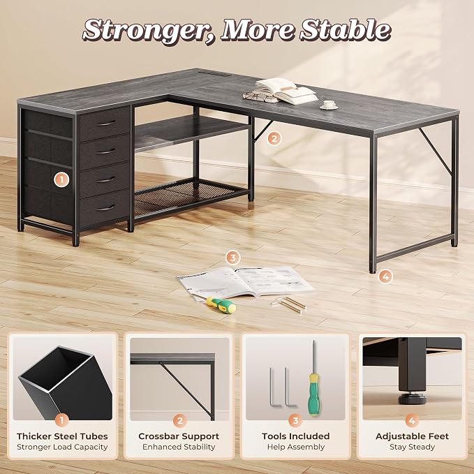 PRAISUN 61" L Shaped Desk with Power Outlets & USB-C Port, Reversible Computer Corner Office Desk with 4 Fabric Drawers and 2 Storage Shelves, Large Desk for Gaming Writing Study, Grey - Image 8