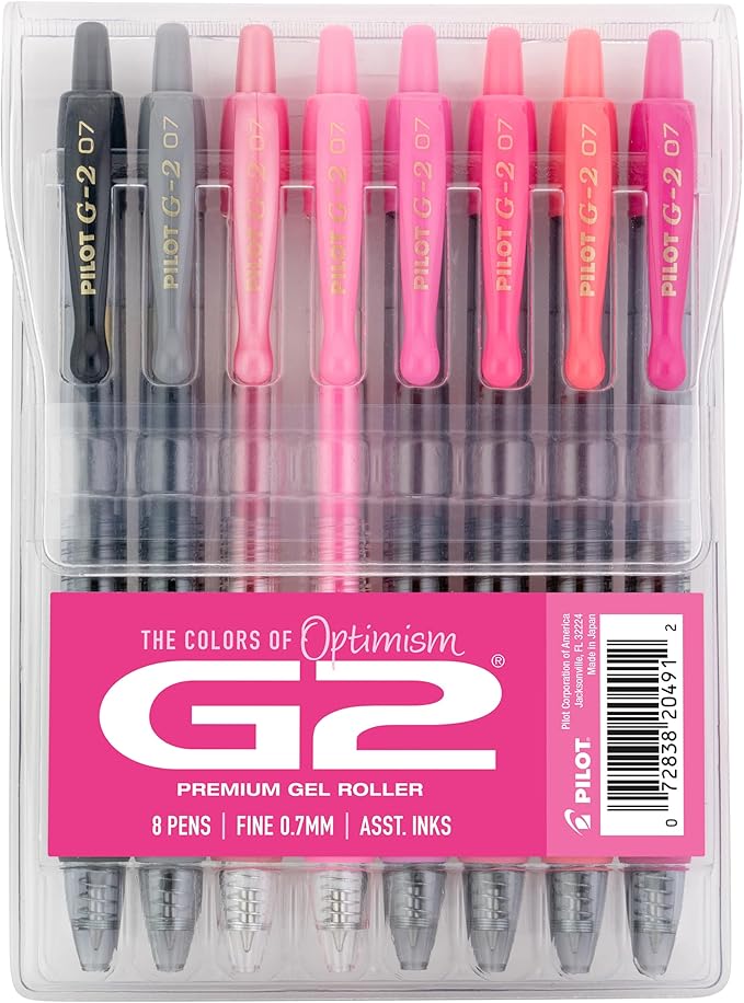 Pilot G2 Premium Gel Roller Pens, G2 Boost Pink Pens Pack, The Colors of Optimism, 8 Pack Pouch, Fine Point 0.7 mm, Assorted by PilotCorporationofAmerica