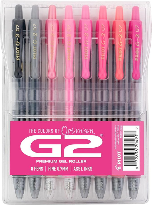 Pilot G2 Premium Gel Roller Pens, G2 Boost Pink Pens Pack, The Colors of Optimism, 8 Pack Pouch, Fine Point 0.7 mm, Assorted by PilotCorporationofAmerica