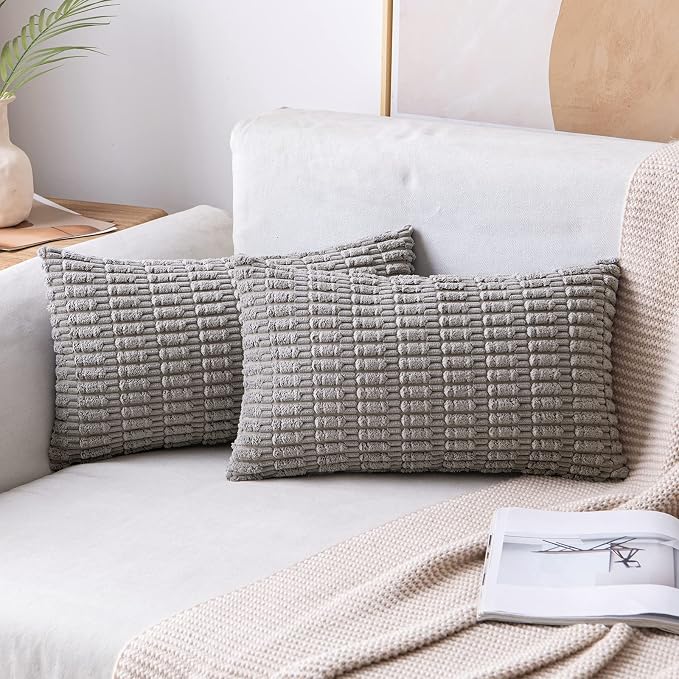 MIULEE Pack of 2 Corduroy Decorative Lumbar Throw Pillow Covers 20x12 Inch Soft Boho Striped Pillow Covers Modern Farmhouse Home Decor for Sofa Living Room Couch Bed Light Grey by MIULEE