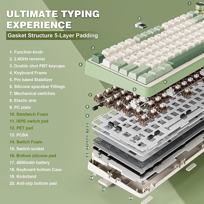 YUNZII B75 PRO 75% Wireless Mechanical Keyboard(Matcha Green,Cocoa V2) | Hot Swap Keyboard with Knob, Gasket Mount, Creamy Pre-lubed Switch for Smooth Typing, BT/USB-C/2.4G, for Gaming - Image 4