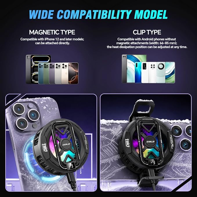 USB Phone Cooler, Semiconductor Cooling Fan for Phone, Magnetic & Clip-On, Large Cooling Plate, 3 Gears Fan Adjustable, RGB Light Switchable, Universal Fit for iPhone Android - Black - Image 6