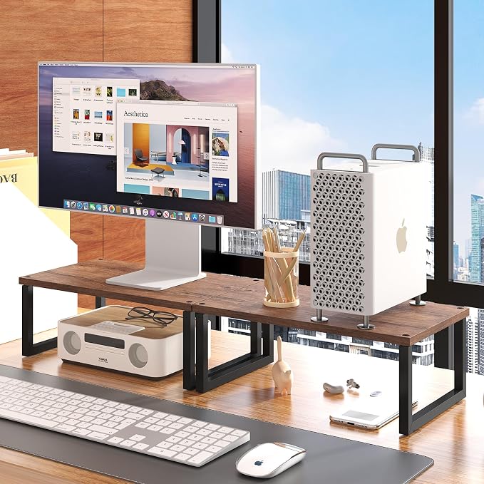 Simple Trending 2 Pack Monitor Stand Riser, Wood Desk Storage Organizer for Office Laptop, Computer, Antique Brown - Image 2