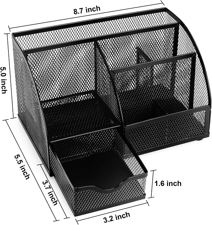 Comix Mesh Pen Pencil Holder Desk Organizer, 7 Compartment Wire Desktop Pen Pencil Cup Caddy Office Supplies for Home Office School, Black - Image 2