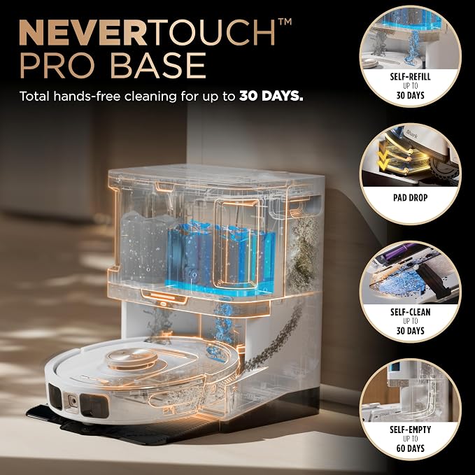 Shark PowerDetect NeverTouch Pro Robot Vacuum & Mop, White, AV2810ZEWH | 5 PowerDetect Technologies, NeverStuck, NeverTouch Pro Base (Self-Empty, Self-Refill, Pad Wash/Dry), 360° LiDAR + 3D Sensor - Image 2