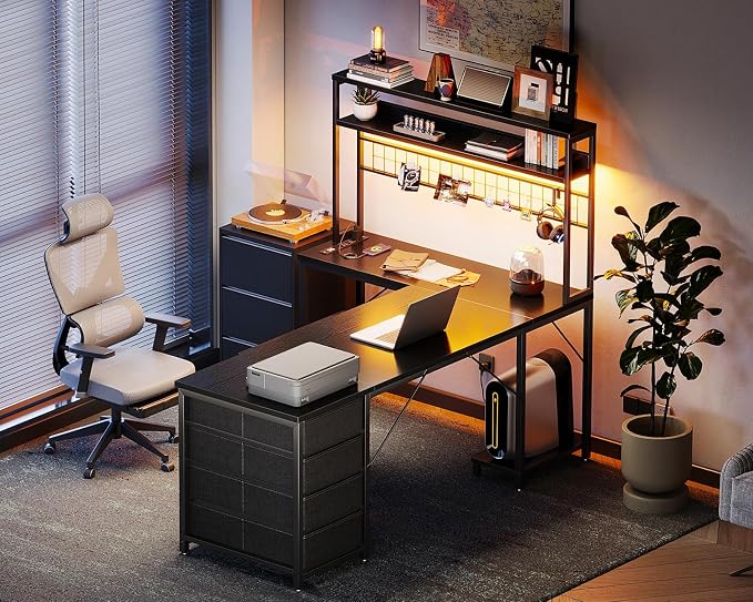 AODK L Shaped Desk Gaming Desk with LED Light & Power Outlet | 59 Inch Black Reversible L Shaped Computer Table with 4 Drawers for Home Office - Image 8