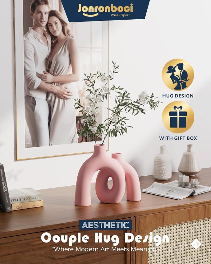 Hug Donut Decorative Vase Set - Light Pink Modern Glam Eclectic Style Vases Home Decor, Matte Ceramic Decorations for Living Room Shelf, Bookshelf Mantle Entryway Table or Console Décor(Pink) - Image 3