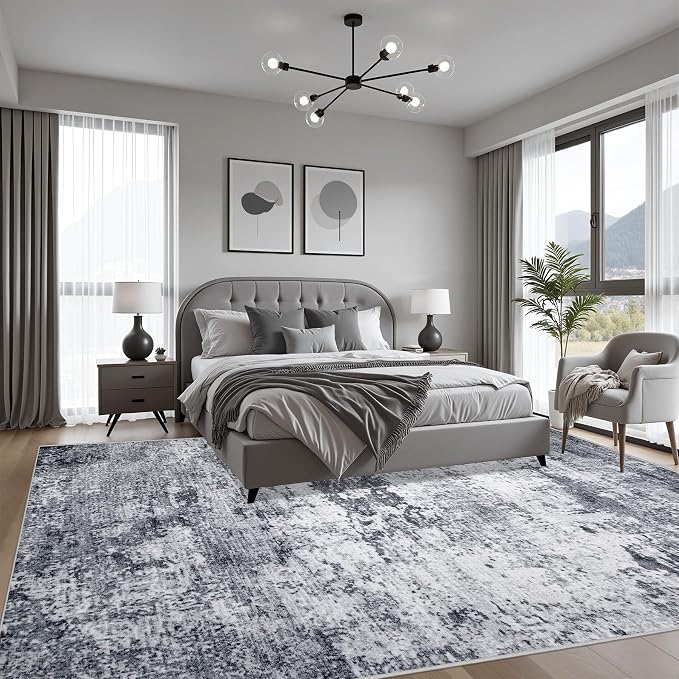 9x12 Area Rug Living Room Rug: Washable Modern Abstract Soft Thin Rug Indoor Floor No Slip Stain Resistant Carpet for Bedroom Dining Room Farmhouse Nursery Home Office - Grey - Image 4