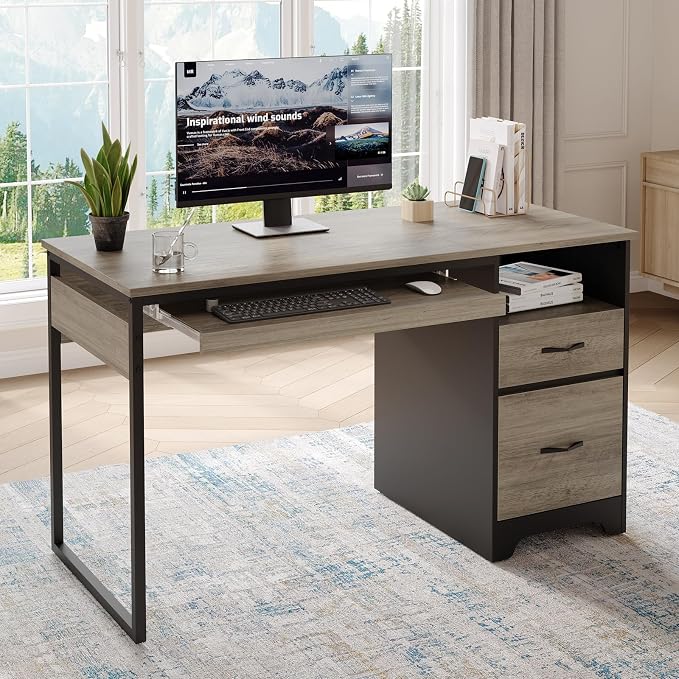 Bestier 48” Computer Desk with Drawers, Office Desk with Storage, Industrial Wood Writing Desk with File Drawer, Keyboard Tray & 2 Hooks for Home Office & Studio, Gray - Image 7