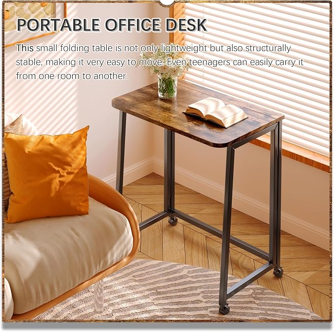 4NM 23.6" Mobile Small Folding Desk, Foldable Rolling Computer Home Office Desk, Study Writing Table for Small Space Saving Bedroom, with Wheels - Rustic Brown and Black - Image 4