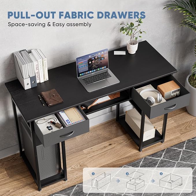 DUMOS 48-Inch Computer Desk with Drawers, Hook and Side Bag, Black | Home Office Desk for Bedroom, Gaming Writing Study Desk with Adjustable Feet - Image 4