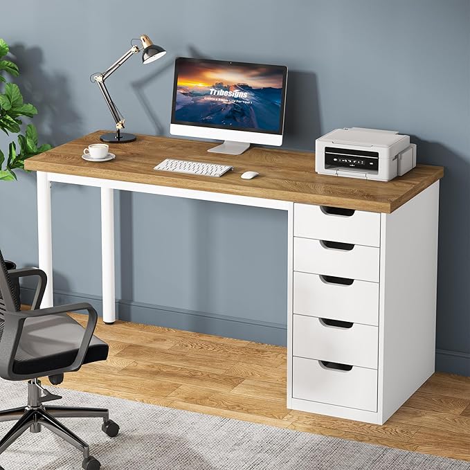 Tribesigns Computer Desk with 5 Drawers, 47 inches Rustic Brown Home Office Desk with Storage, Modern Simple Laptop Desk Study Writing Table for Small Spaces (1, Walnut+White) by Unknown