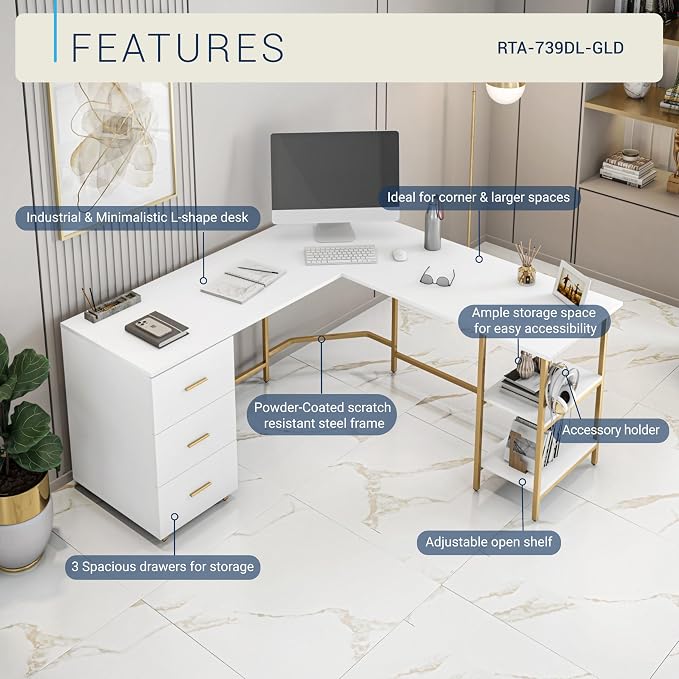 Techni Mobili 59" Two-Tone L‑Shaped Office Desk with Storage Shelves, Gold | 59" two‑tone L‑shaped desk with storage shelves, durable frame, modern corner workstation, spacious home office writing space - Image 5