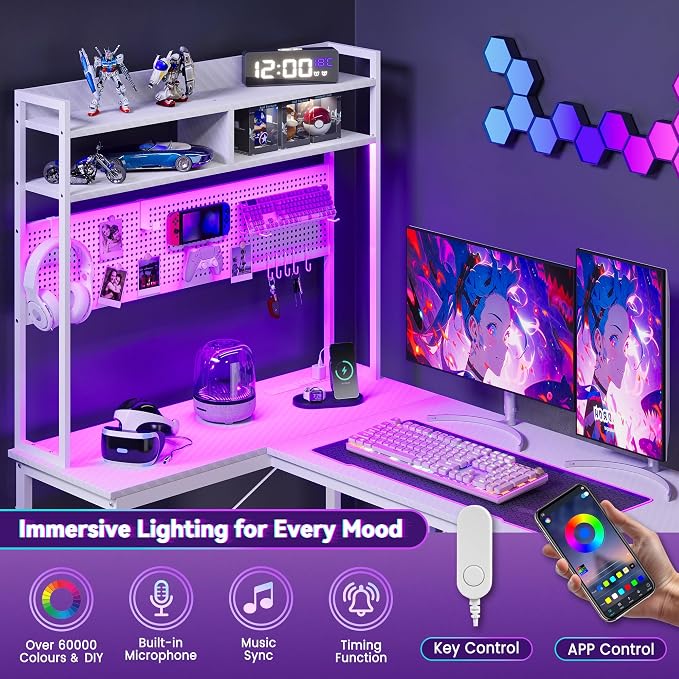Apicizon L Shaped Gaming Desk 53", Reversible Corner Computer Desk with LED Lights, Carbon Fiber Surface, Pegboard with Hooks, Drawer & PC Tower Stand, USB Charging Port - Image 4