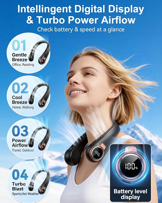 BNBZ Portable Neck Fan, 6000mAh Rechargeable Fan Blows Cold Air with LED Display, 4 Speeds, 20H Runtime, Quiet Wearable 360° Personal Cooling Fan for Outdoor Travel Work Gym,External Cooling Fan - Image 4