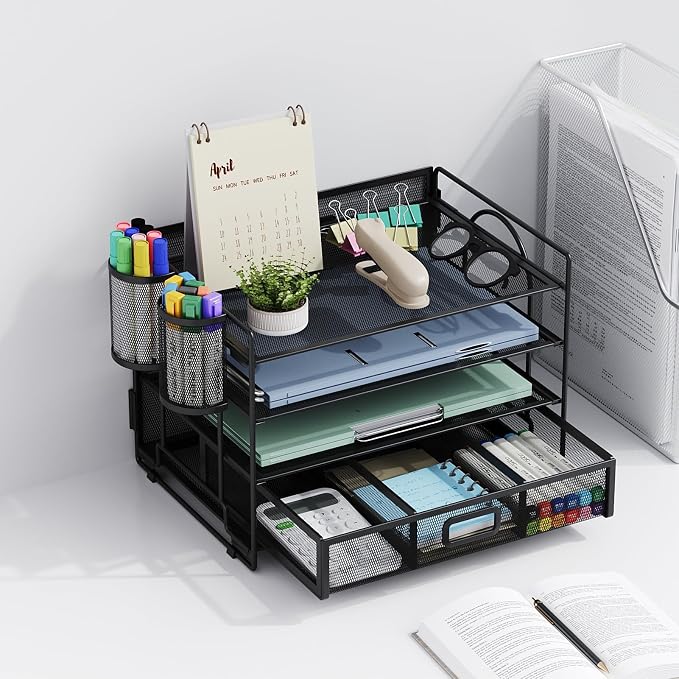 Marbrasse Desk Organizer, 4-Tier Paper File Letter Tray, Black | Sturdy Paper Tray, File Holder, Built-in Drawer, 2 Pen Slots, fits Letters/Files, for School Home Office Supplies - Image 9