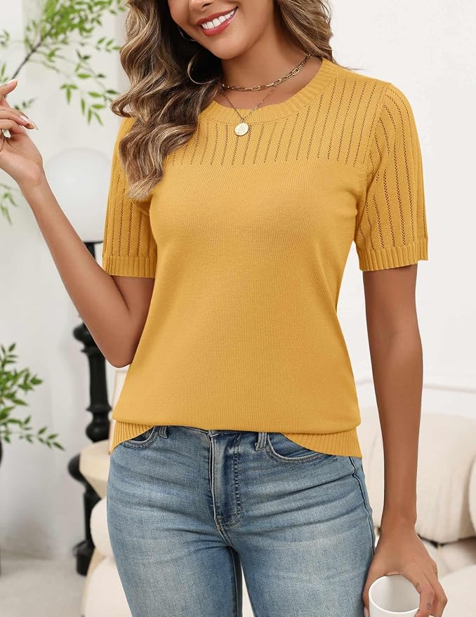 Zeagoo Women's Short Sleeve Sweater Tops 2026 Spring Summer Crew Neck Hollow Out Blouses Dressy Business Casual Outfits - Image 3