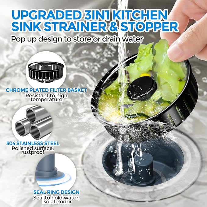 3 in 1 Kitchen Sink Drain Strainer Stopper Removable Basket Pop-Up | Kitchen Sink Accessories 1 Pack Brushed Black Stainless - Food Catcher, Odor-Blocking Seal, Fits 3.5" Drain - Image 2