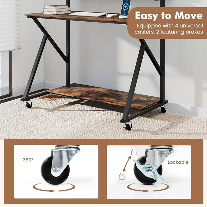 Giantex Rolling Computer Desk with Charging Station, Mobile Portable Laptop Desk with Monitor Stand & Storage Shelf, Small Desk with Lockable Wheels for Small Spaces, Home Office (Rustic Brown) - Image 7