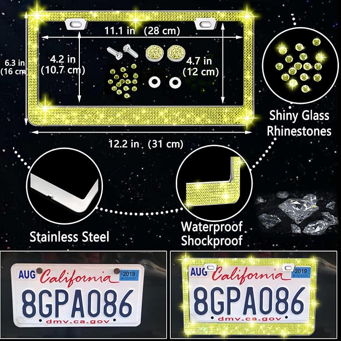 NBTEPEM 27 PCs Yellow Bling Car Accessories Set for Women, Steering Wheel Covers Universal Fit 15 Inch, Bling License Plate Frame, Bling Phone Holder, Bling Car Coasters (Yellow Diamond) - Image 5