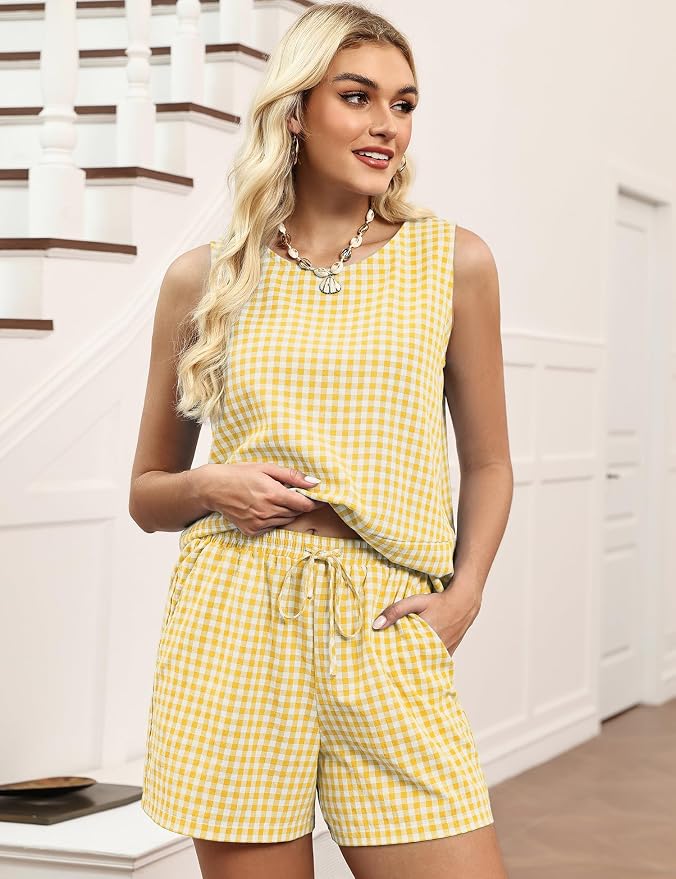 LOMON Women's Trendy 2 Piece Outfits Shorts Sets Summer Crew Neck Sleeveless Tank Top and Bottom Matching with Pockets 2026 - Image 3