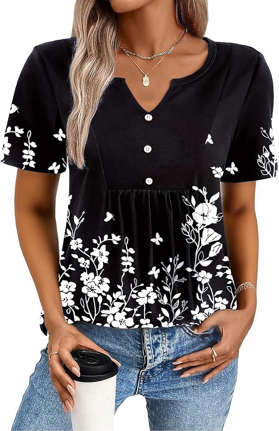 Zeagoo Womens Short Sleeve Tops Summer Henley V-Neck Tshirts Casual Pleated Blouse Dressy Loose Floral Basic Tee - Image 2
