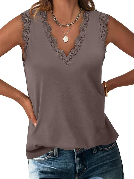 ANRABESS Womens Lace Trim Tank Tops V Neck Sleeveless Shirts 2026 Summer Casual Trendy Dressy Cami Top by ANRABESS