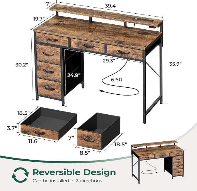 Huuger Gaming Desk with 6 Drawers, Computer Desk with LED Lights Power Outlets and Type-C, 39 Inch Office Desk with Storage, Monitor Stand, Writing Work Desk Home Office, Study, Rustic Brown - Image 3