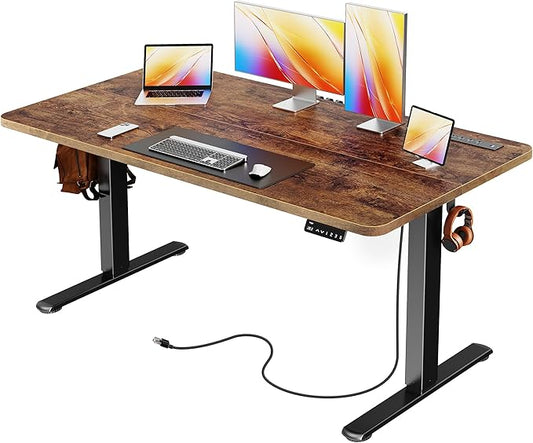 Huuger Electric Standing Desk with Power Outlets and USB-C Port, 55 X 24 Inch Height Adjustable Desk, Sit Stand Desk for Home Office, Computer & Gaming Desk with 4 Presets, Rustic Brown by Huuger