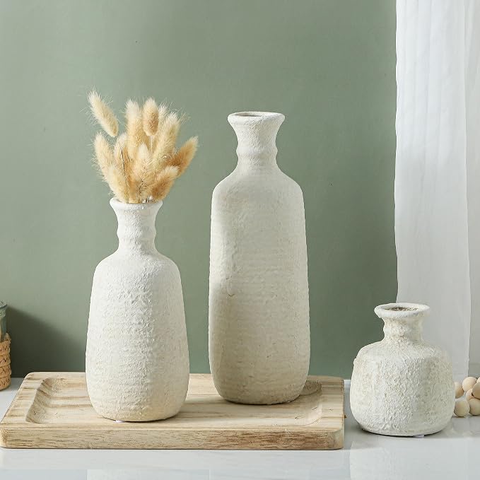 Ceramic Vase Set of 3, Neutral Rustic Vases Home Decor Farmhouse Decorative Vase Whitewashed Pottery Decor Boho Modern for Table Mantel Entryway Bookshelf Living Room Kitchen Bathroom Bedroom - White - Image 6