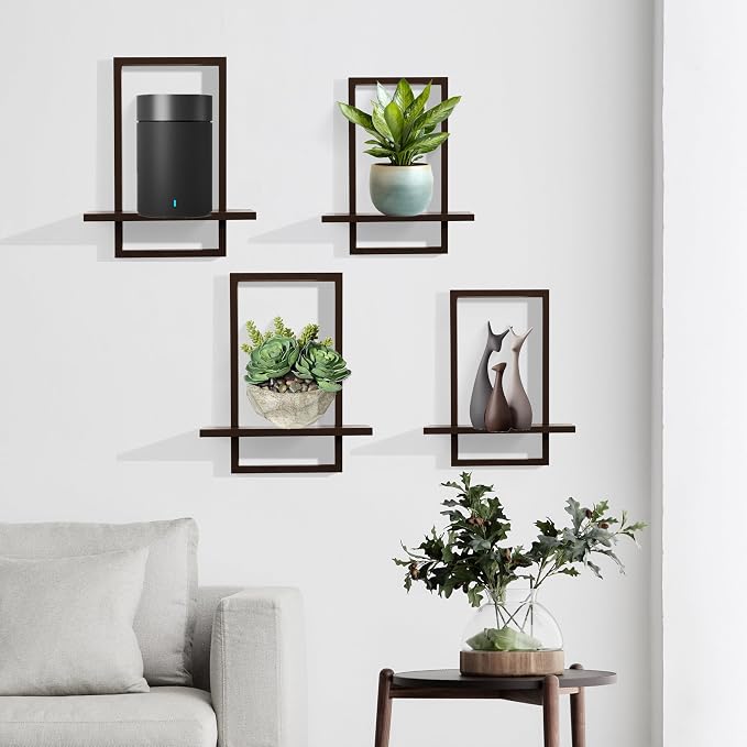 PHOENANCEE Square Floating Shelves,Wall Plants Holder,Bathroom Wall Decor,Framed Decorative Shelf Black,Modern Chic Set of 2 for Living Room Bedroom Home Office,Soild Wood,L+S(Walnut - Image 5
