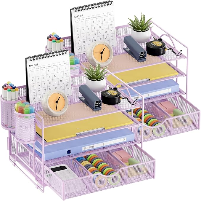 Marbrasse Desk Organizer, 4-Tier Paper File Letter Tray, Purple-2P | Sturdy Paper Tray, File Holder, Built-in Drawer, 2 Pen Slots, fits Letters/Files, for School Home Office Supplies by Marbrasse