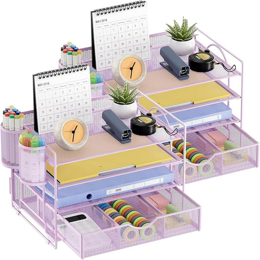 Marbrasse Desk Organizer, 4-Tier Paper File Letter Tray, Purple-2P | Sturdy Paper Tray, File Holder, Built-in Drawer, 2 Pen Slots, fits Letters/Files, for School Home Office Supplies by Marbrasse