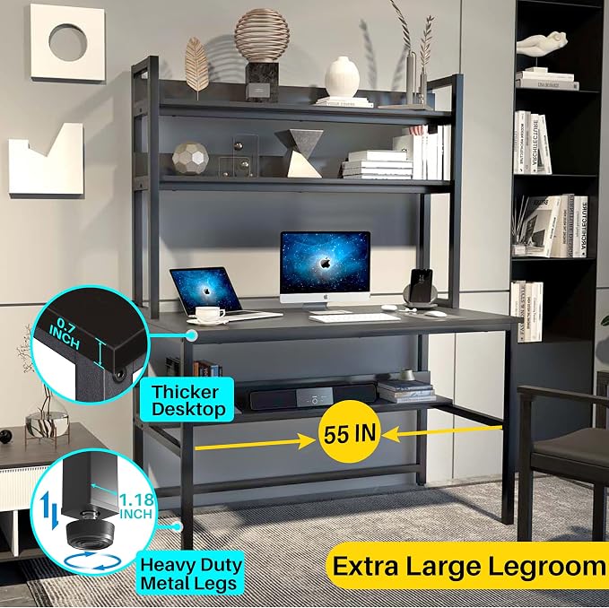 Aquzee Computer Desk with Hutch and Bookshelves, Large Leg Room 55 inch Width Black Desk with Space Saving Storage Shelves, Easy Assemble and All Hardware and Tools Included - Image 5