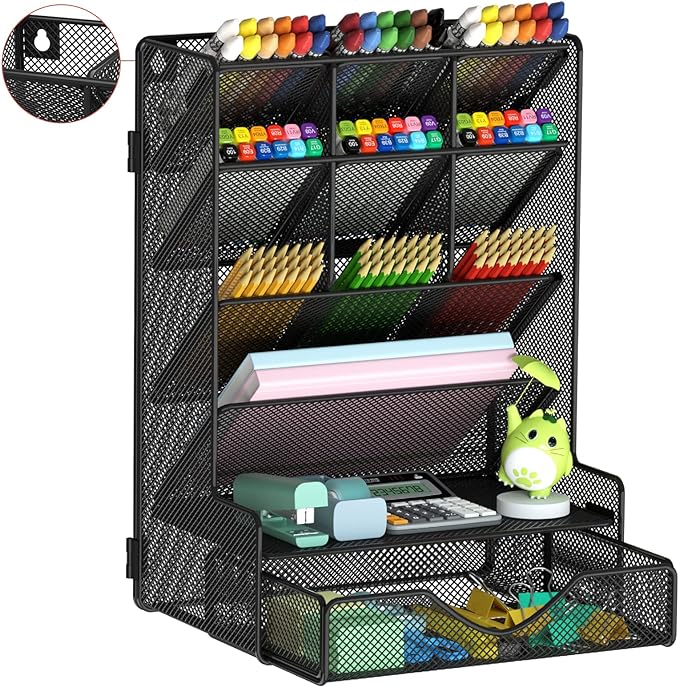 BOHDK Pen Organizer for Desk, Multi-Functional Desk Organizer, Wall Mount Pen Holder with Drawer for School, Office, Home, Art Supplies, Black by BOHDK